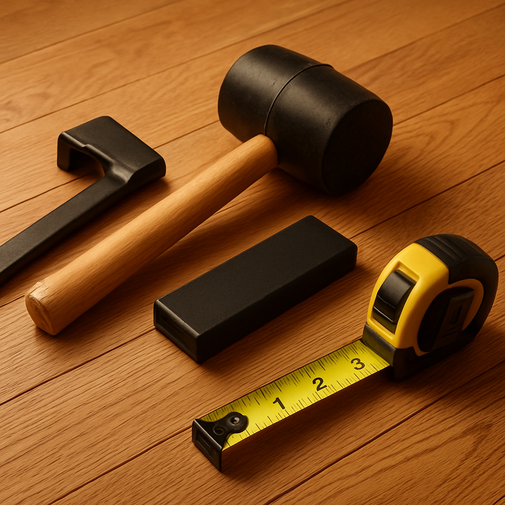 Flooring installation tools including tapping block and mallet laid on timber planks
