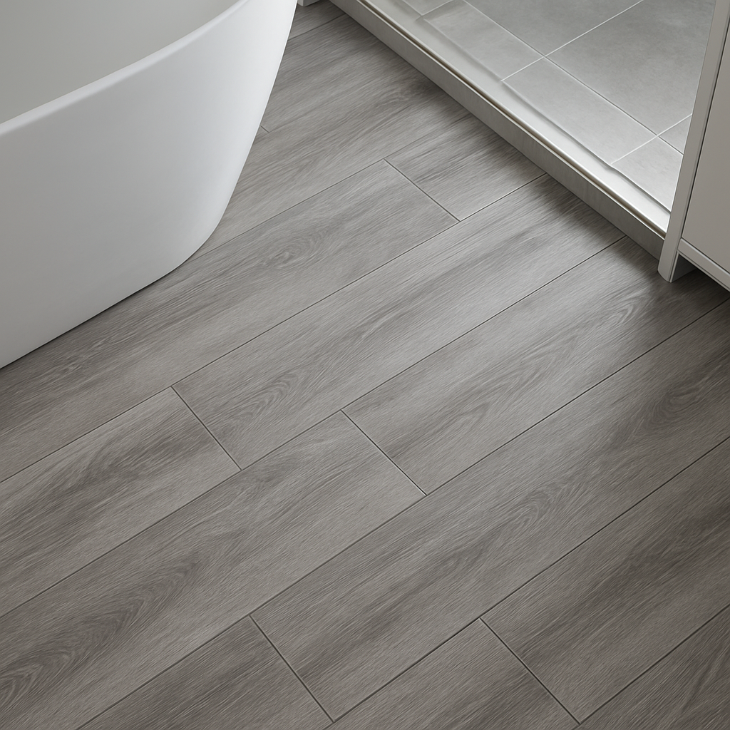 Waterproof luxury vinyl plank flooring in a modern grey tone installed in a wet area
